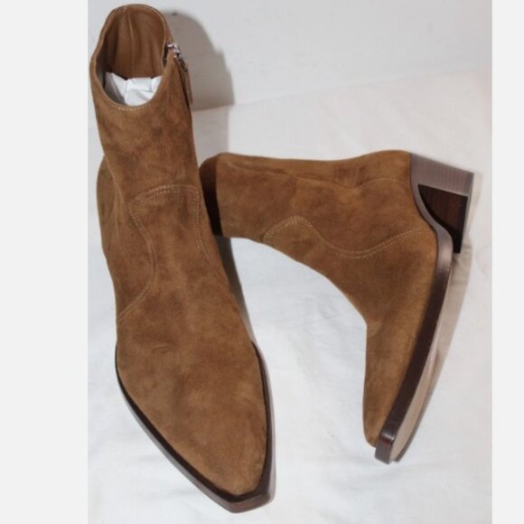 NEW PRADA Brown Suede Leather Western Boots Booties Side Zip Logo Heel 38.5 - Picture 2 of 9